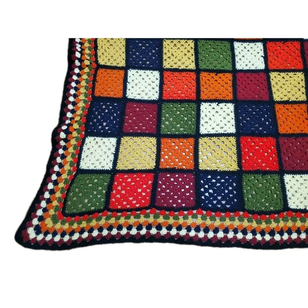 Vintage Granny Square Handmade Crocheted Afghan Blanket Black Orange Green 58x45